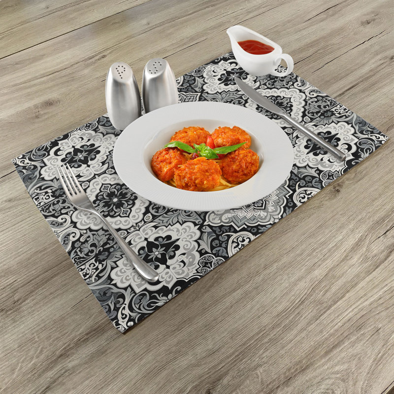 Off White and Dimgray Polyester Moroccan Print Rectangle Placemats Set of 4
