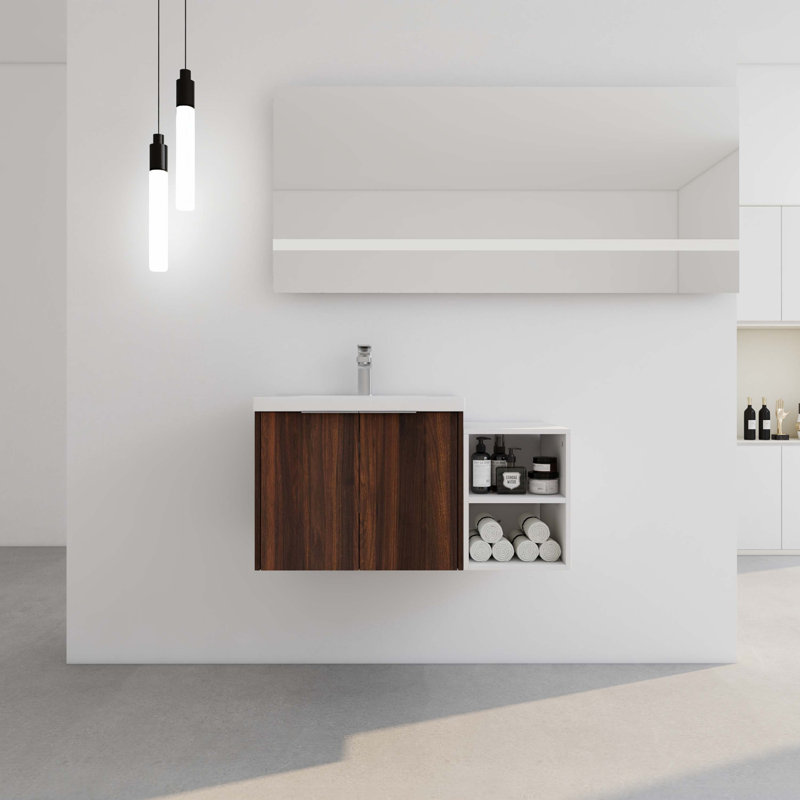 Meuble-lavabo simple 35,60 po avec plateau en bois manufacturé Lakieshia, Noyer de Californie