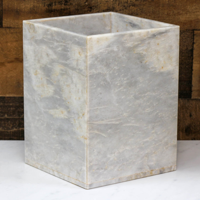 Badal Gray Marble Wastebasket – Natural Stone Bathroom Trash Can, Cloud Gray