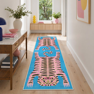 Abidi Funky Tiger Animal Print Machine Washable Blue / Pink Indoor Area Rug with Non-Slip Backing