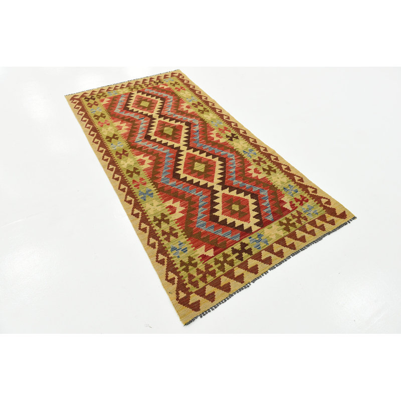 Tapis de zone en laine beige/rouge 3 pi x 6 pi 4 po one-of-kind à la main noué la Doorfield