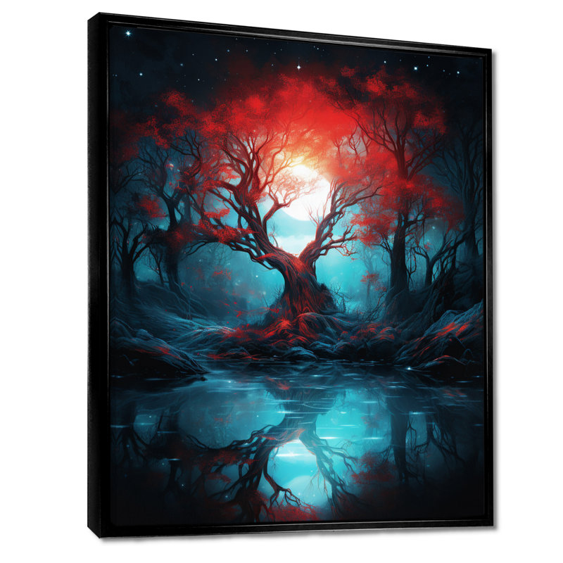 Red River Tree In Enchanted Blue Forest - arbre, reproduction d'art murale, Cadre flottant noir, bois massif