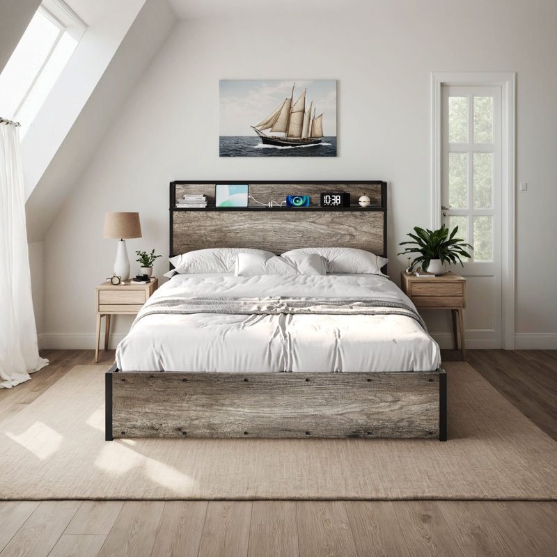 Structure de lit double Tryston, Gris rustique, Lit double