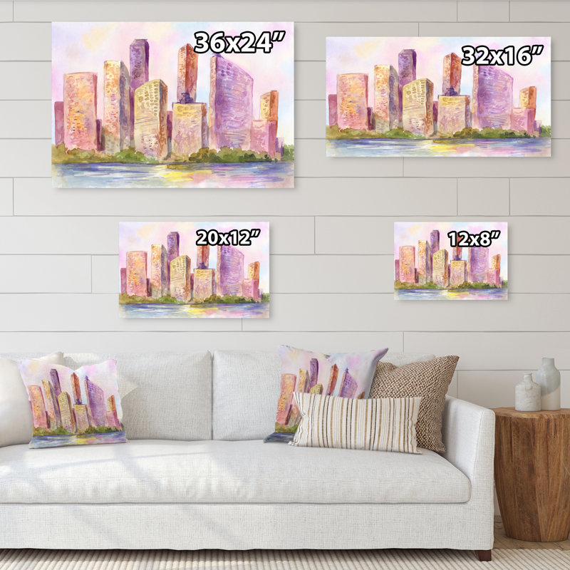 Metropolis City at Sunset - Peinture sur toile encadrée, H 24 po x l 36 po x P 1 po, Toile tendue