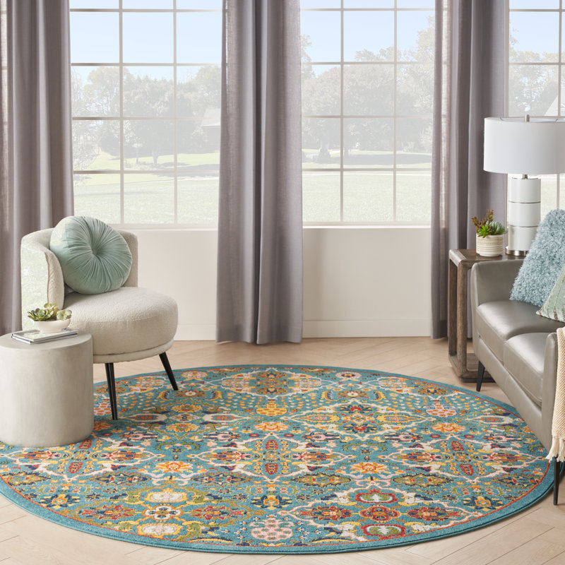 Tapis turquoise / ivoire / jaune Welaka, Rond 7 pi 10 po