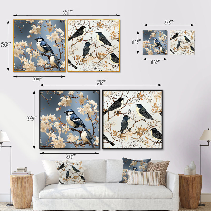 Symphonie d'oiseaux, ensemble de 2 collages carrés d'oiseaux, Toile tendue, H 30 po x l 61 po