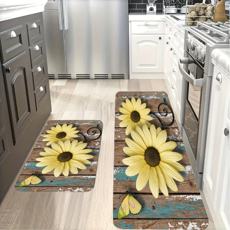 Marguerite jaune avec papillon, ensemble de 2 tapis de cuisine