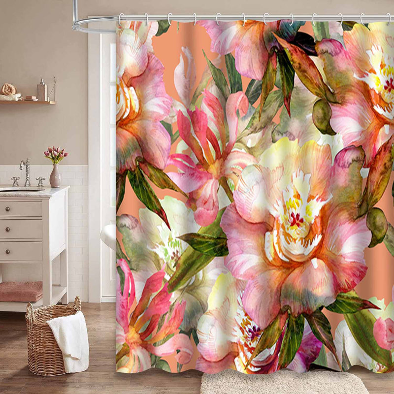 Tissu rose rétro avec 12 crochets, pivoines et aquarelle, L 72 po x l 84 po