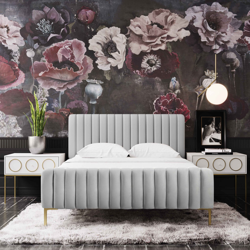 Lit plateforme tapissier Robbinsdale, Velours gris clair, Grand