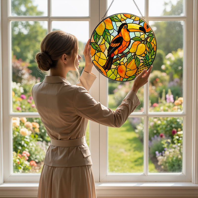 7.8"H Toucan Fruit Stained Glass Window Panel, 7.8" H x 7.8" W
