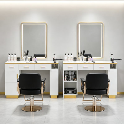 Freestanding Barber Station with Tool Holders, Drawers, Cabinets and Open Shelves, Modern Salon Cabinet for Professional Salon, Spa and Home