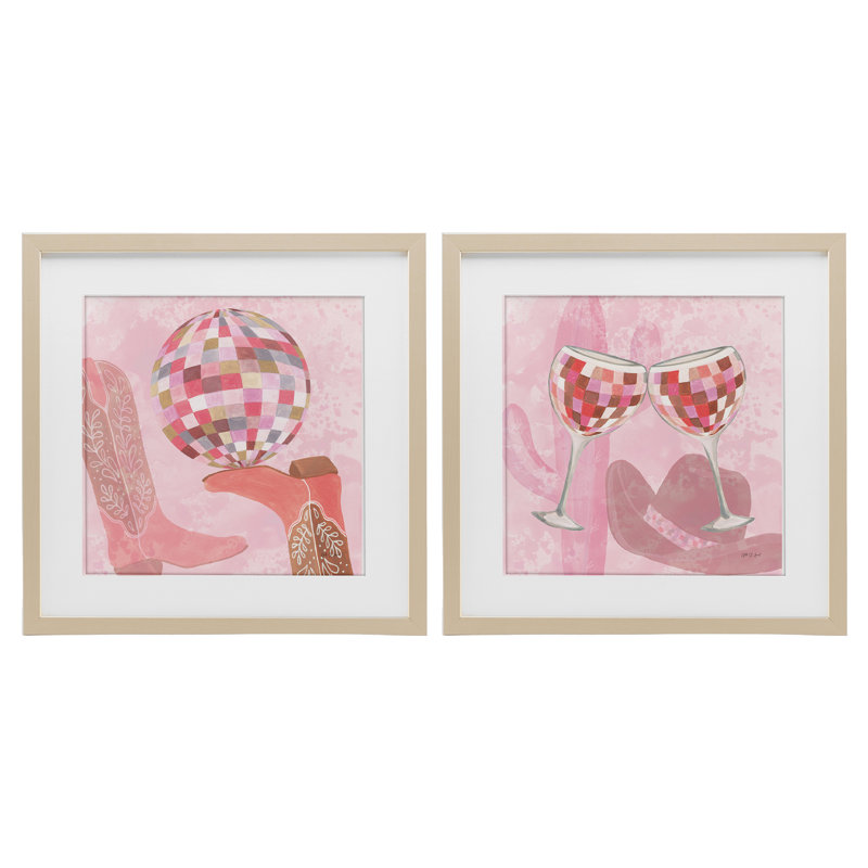 Ensemble de 2 impressions sous-verre disco Cowgirl, 16" H x 16" W, Cadre de récolte en pin