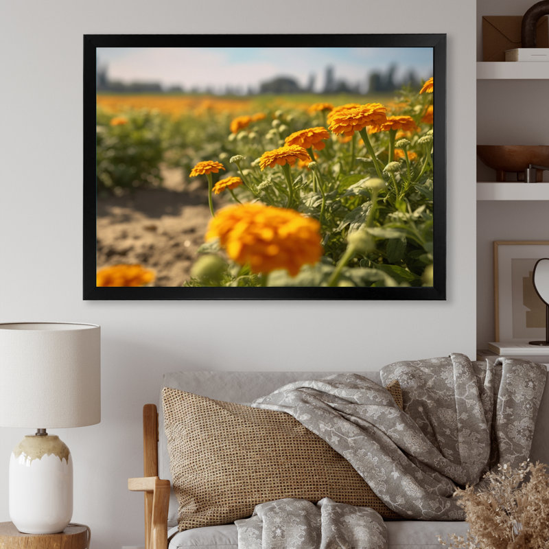 Jaune jaune vert souci I - reproduction sur toile, Cadre photo noir simple, H 24 po x l 32 po x P 1 po