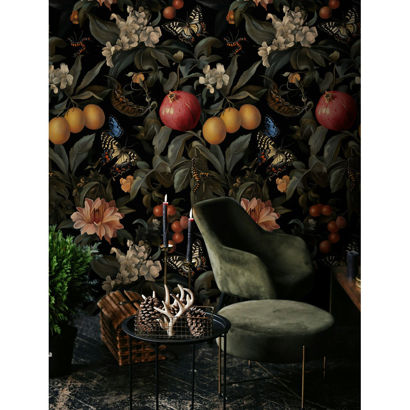 Papier peint oasis de minuit avec fleurs et papillons