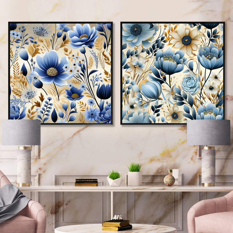 Elyas - Ensemble de 2 collages carrés floraux, Cadre flottant noir, H 16 po x l 33 po