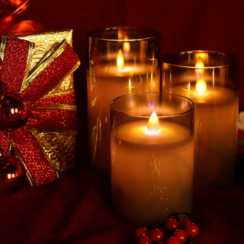 LED Candles 4" 5" 6" Set of 3 Real Wax Light, Battery Operated, Gold Glass Pillars, Remote Control, Timer, Indoor, Living Room, Vintage