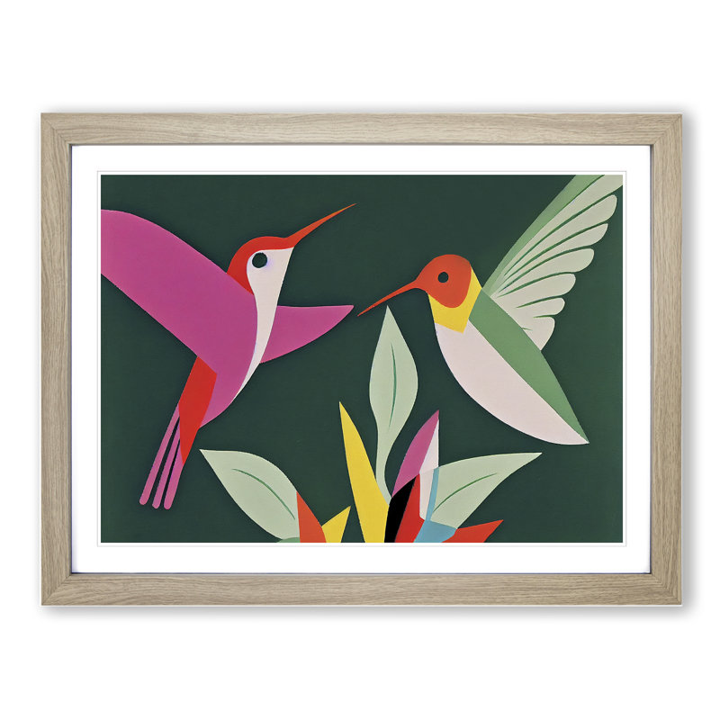 Hummingbirds Abstract - Single Picture Frame Print, 25cm H x 34cm W x 2cm D, Oak