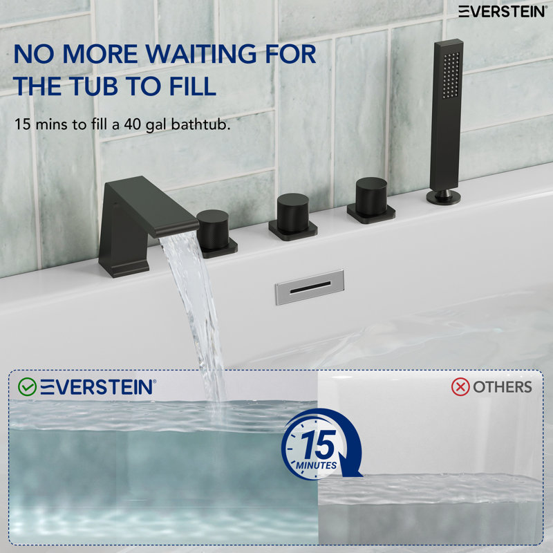 3 Handle Deck Mount Roman Tub Faucet with Diverter & Handheld Shower, Matte Black