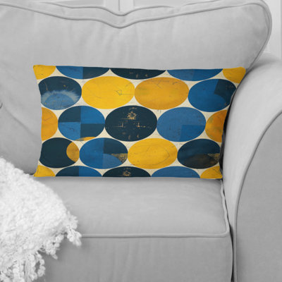 Blue Yellow Retro Midcentury Circles II - Midcentury Lumbar Pillow