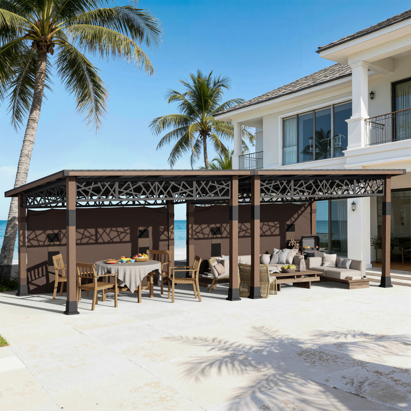 12 FT X 28 FT Outdoor Modern Hardtop Slope Roof Gazebo With Side Privacy Screen