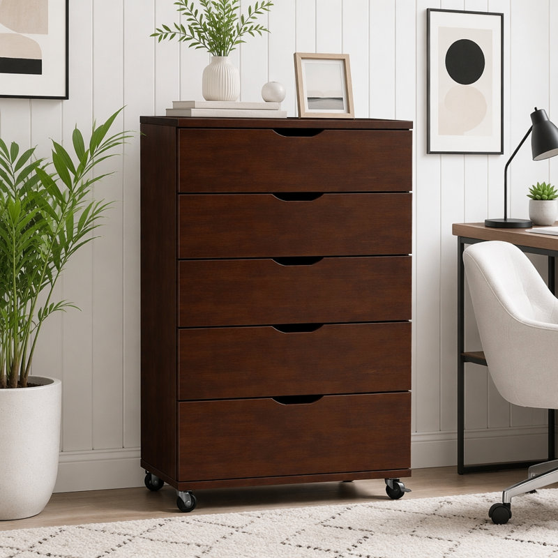 Commode mobile à 5 tiroirs avec roulettes, Marron foncé