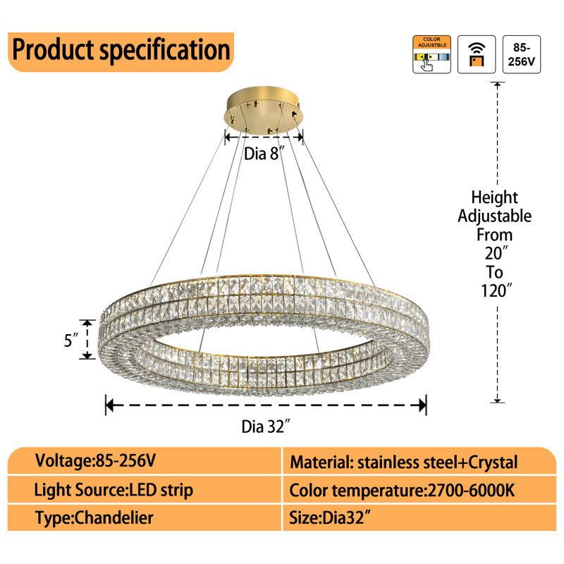 Raimes 32In Gold Ring Chandelier Modern Led Crystal Chandelier for Living Room