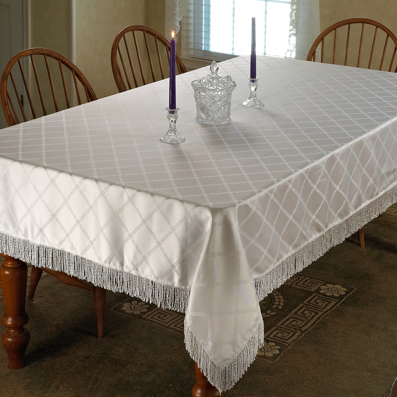 Bedford Damask Design Fringe Tablecloth, White, 90" W Round