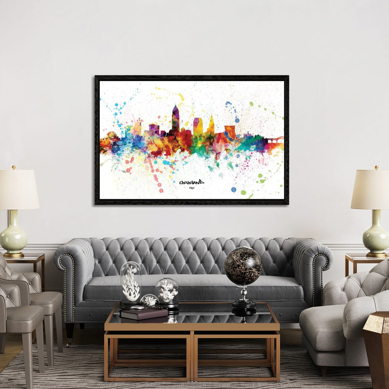 Cleveland Ohio Skyline Splash by Michael Tompsett - Print on Canvas, Black Framed, 152.5 cm H x 101.5 cm W