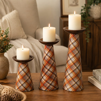  Handcrafted Plaid Metal & Wood Candleholder (Set of 3)