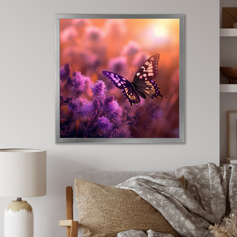 Papillon rose, coucher de soleil magique I, H 36 po x l 36 po x P 1,5 po, Cadre simple argenté