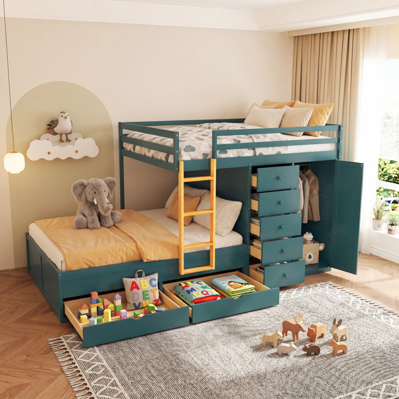 Structure de lit superposé pleine grandeur avec rangement de tiroir et petite armoire, solution pour chambre à coucher moderne