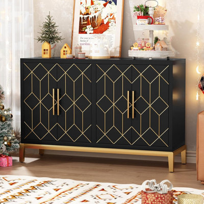 Modern Accent Sideboard With Gold Trim, 4-Door Storage Cabinet, Black