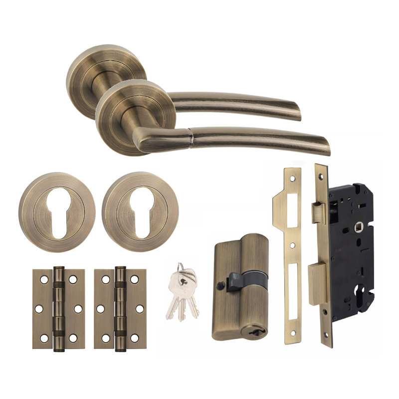  Indiana Design Euro Lock Door Handle Set in Antique Brass with 70mm Key and Hinges