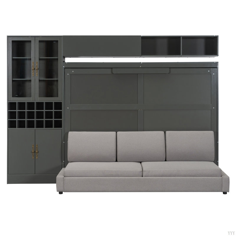 Lit escamotable mural avec canapé, tablettes USB et lumière Murphy, Gris, Grand lit