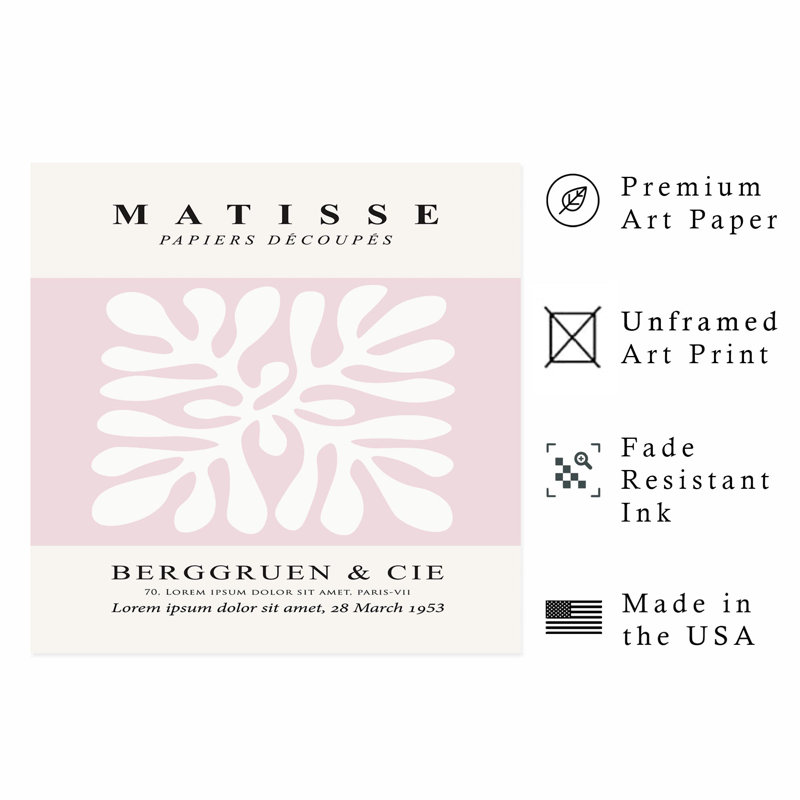«Abstract Matisse Botanical Soft Mid-Century», reproduction d'art moderne sans cadre, H 14 po x l 14 po, Rose