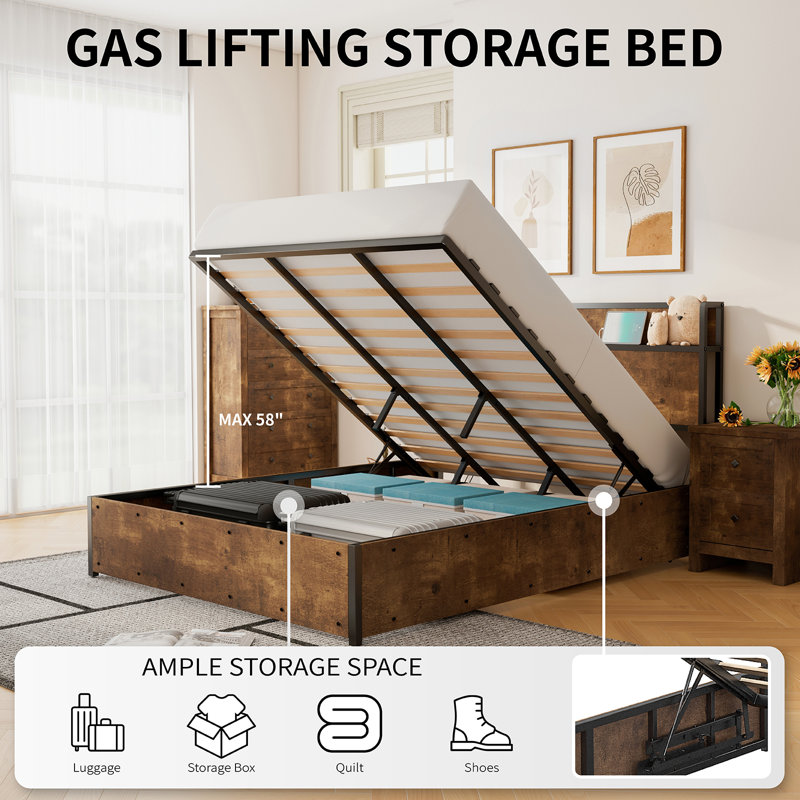 Lift Up Storage Wood Bed with Charging Station, Queen, Rustic Brown