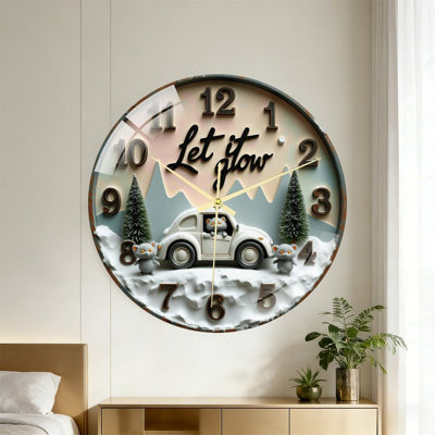 Let It Glow Winter Car Cats Snow Mountains Art - 16'' Modern Glass Wall Clock