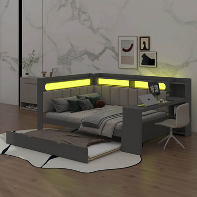 Daybed With Shelves And Upholstered Headboard And Backrest, Corner Bed With Trundle, Charging Station, Desk, LED Light