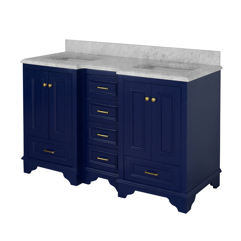 Ensemble de meuble-lavabo double 60 po Loughlam, Marbre de Carrare, Bleu royal