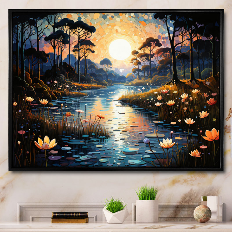 «Blue Green Pointillism River at Night IV», reproduction sur toile, H 24 po x l 32 po x P 1 po, Cadre flottant noir