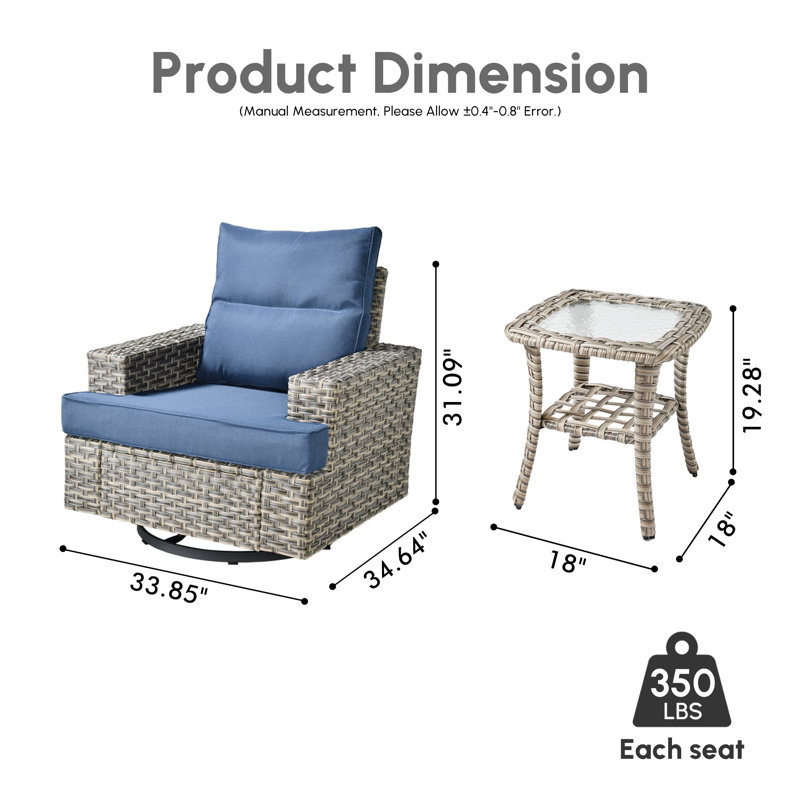 Chaise pivotante d'extérieur, ensemble de patio à bascule avec table d'appoint et coussins, Bleu denim