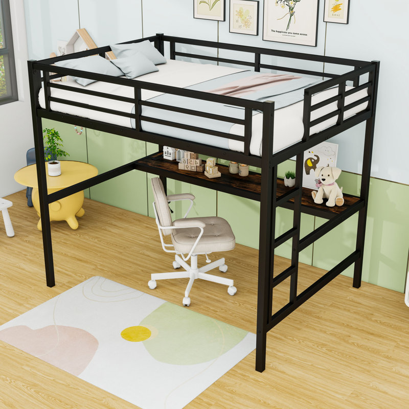 Metal Loft Bed With Desk, Charging Station And LED Lights, Full