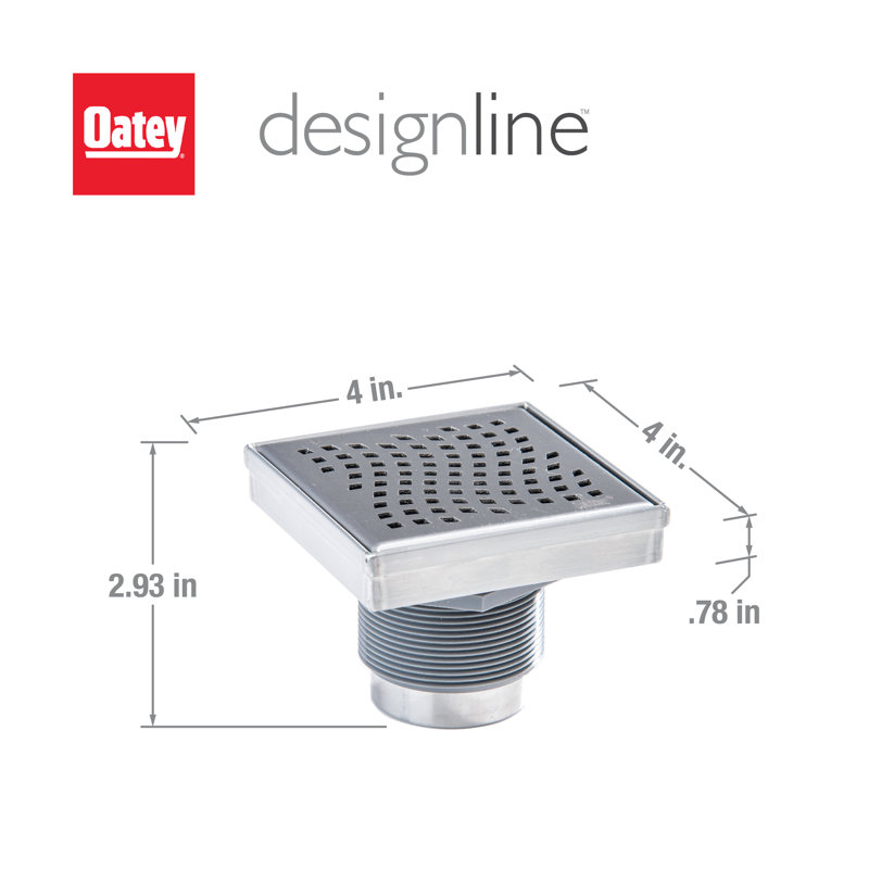 4 in. x 4 in. Stainless Steel Square Shower Drain with Wave Pattern Drain Cover, 6" x 6"
