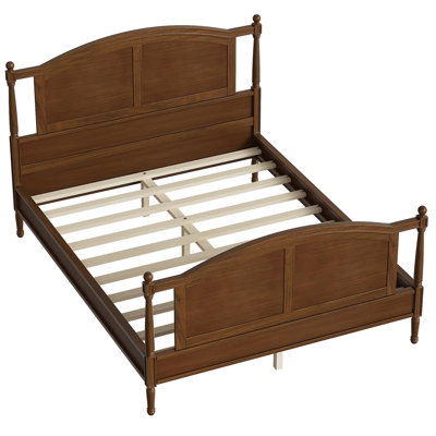 Cadre de lit plateforme traditionnel en bois grand lit, lit en bois de style campagnard avec tête et pied de lit arqués, cadre de lit à panneau de style chalet avec poteaux et support à lattes, pas de sommier tapissier nécessaire, noyer