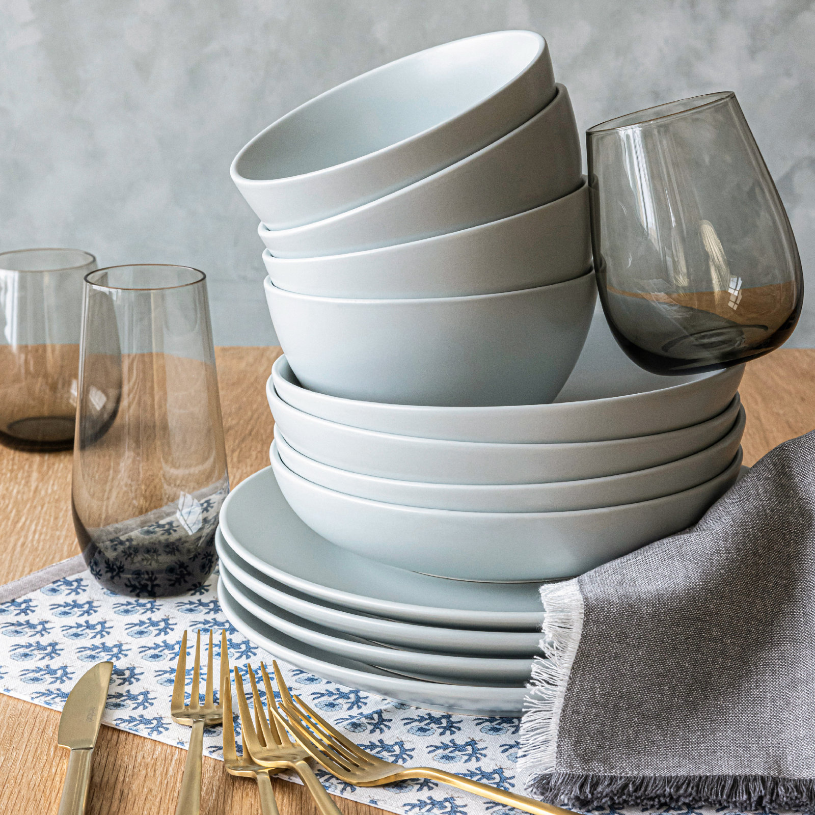 over&back Coupe Semi Hand-Finished Stoneware Dinner Bowls, Set of 4, Blue