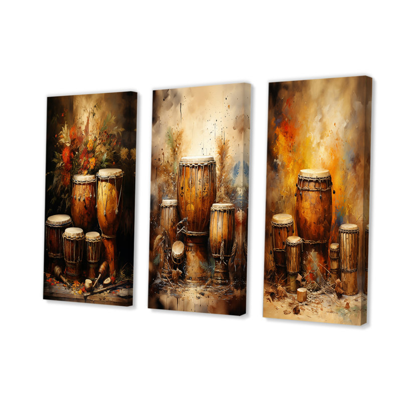 «Djembe Journey Earthy Umber», ensemble de 3 reproductions d'art mural musical, H 28 po x l 36 po, Toile tendue