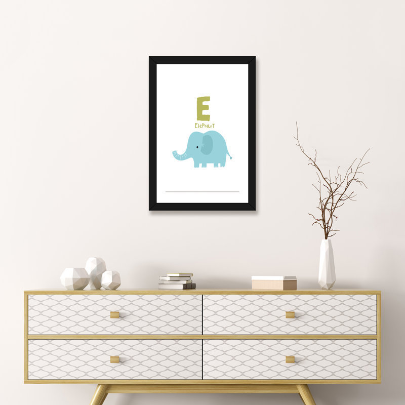 Animal Alphabet E - impression d'art graphique, H 24 po x l 16 po x P 1 po, Papier encadré noir, Blanc