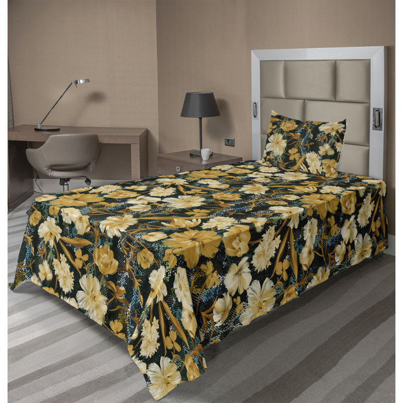 Ambesonne Watercolor Botany Sheet Set 4 Pcs Retro Boho Bloom, Twin Sheet Set with 1 Pillowcase