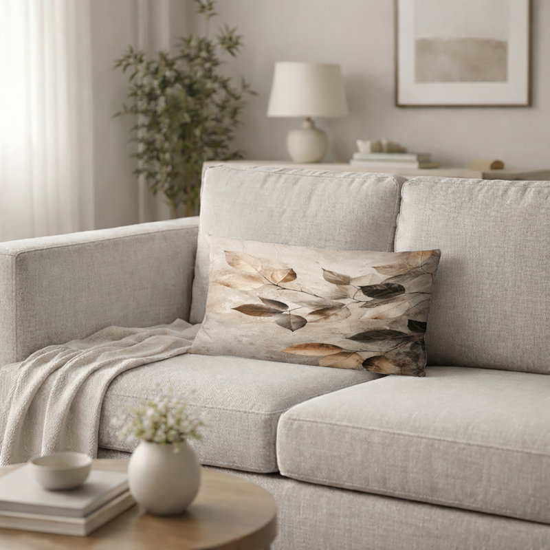 Coussin décoratif à motif de feuilles - Taupe, H 12 po x l 20 po