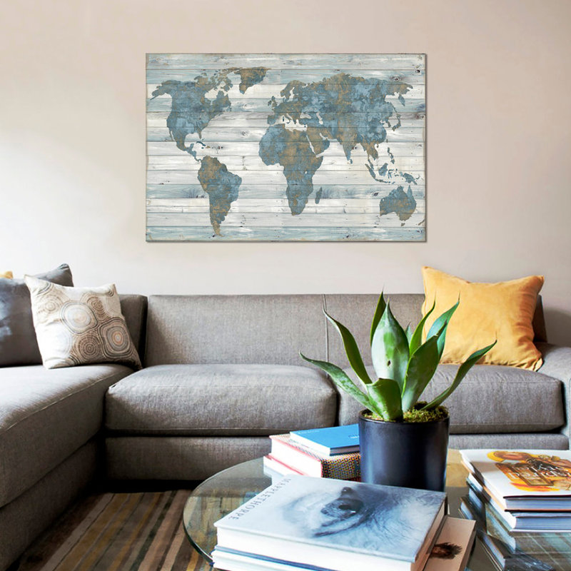 Carte du monde sur bois par Jamie Macdowell - reproduction, H 40 po x l 60 po, Toile tendue, Sans cadre